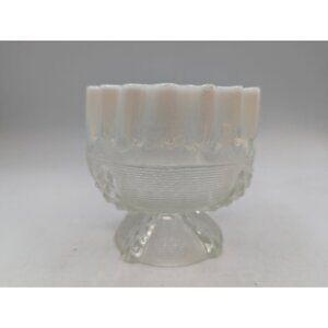 Antique Northwood Glass Opalescent Crimped Top Compote Spool Threaded Pattern